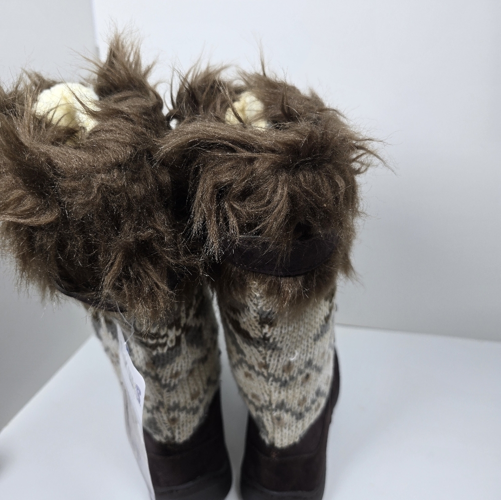 Muk Luks Faux Sherpa Knit Winter Boots Brown Waterproof Sz 7 NWT - Picture 6 of 9